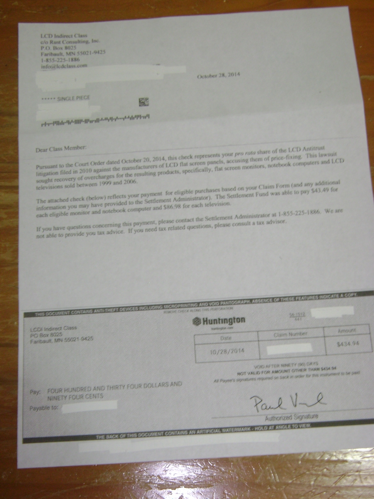 LCD Settlement check from 2010