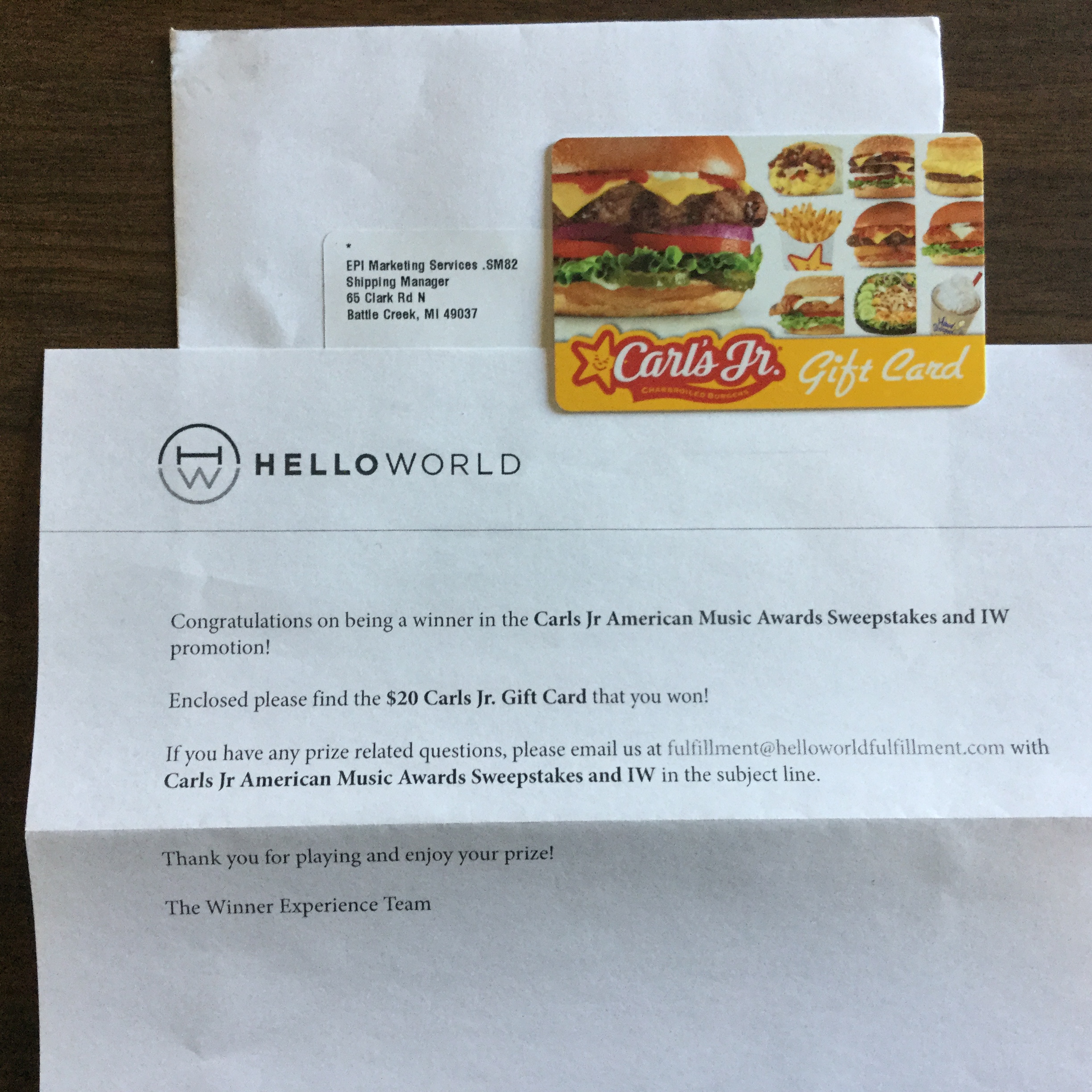 20 Carl S Jr Gift Card Contest Win